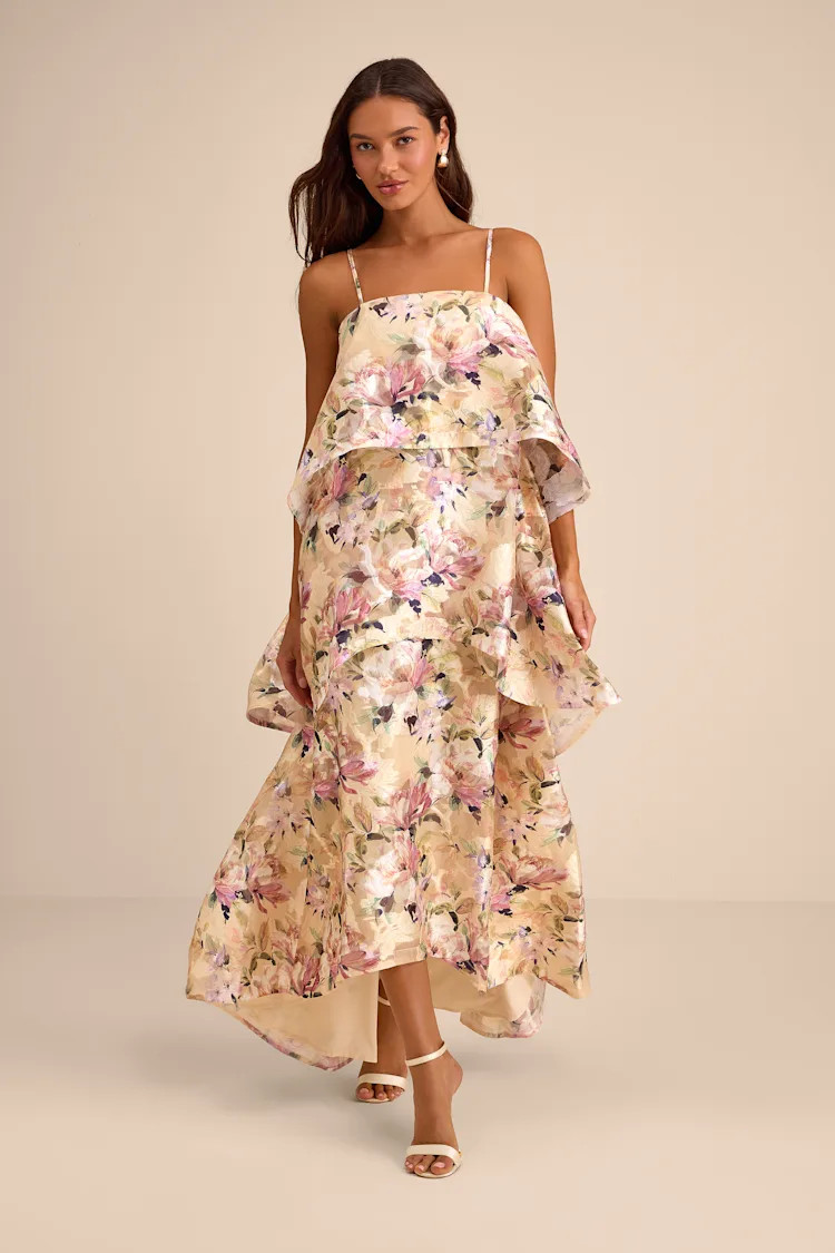 Daneli Yellow Multi Floral Jacquard Tiered Maxi Dress | Lulus