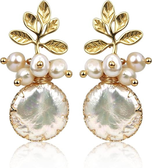 ELEXIS 18k Gold Baroque White Big Pearl Drop Earrings For Women Handmade Trendy Comfy Real Freshw... | Amazon (US)