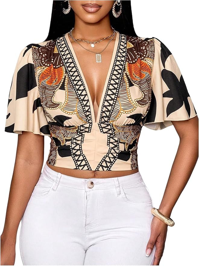 WDIRARA Women's Boho Printed Deep V Neck Short Sleeve Blouse Shirt Summer Casual Crop Tops | Amazon (US)