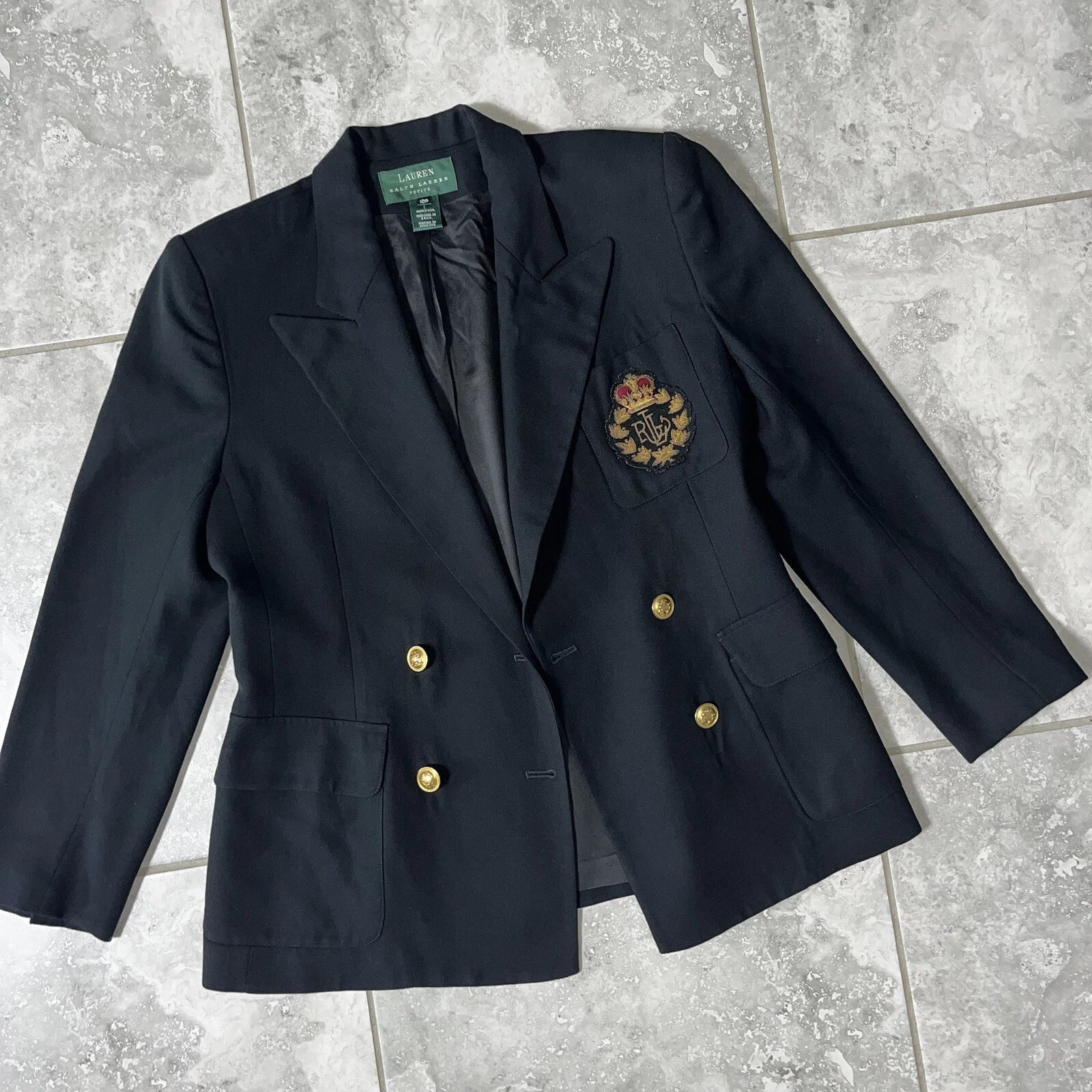 Ralph Lauren VTG Wool Double Breasted Button Blazer Jacket Black Crest Petite 10  | eBay | eBay US