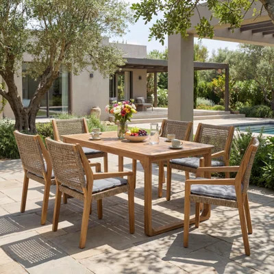 Decia Outdoor 7-Piece Acacia Wood Dining Set With Rope Back Chairs & Curved Leg Table | Wayfair North America