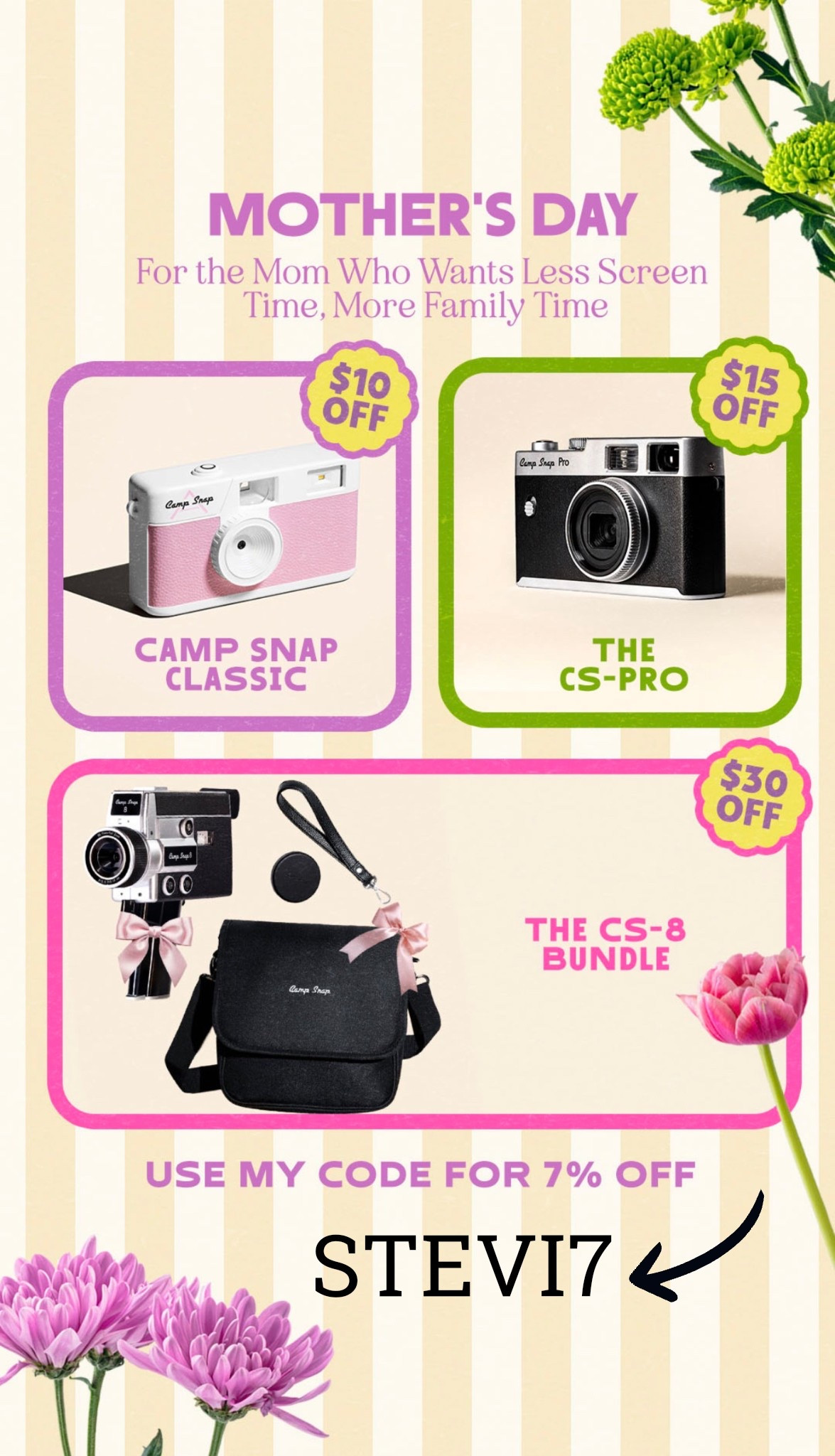 Mother’s Day gift idea 📸🤍 Use my code STEVI7 to save 🫶🏼
@Camp Snap 
@campsnapphoto  is having a Mother’s Day sale & it’s seriously the sweetest screen free gift for mom or grandma. It gives all the nostalgic disposable camera vibes
🎞️🎥they can capture all the little everyday moments with the kids/grandkids.

#campsnap #mothersdaygift #giftformom #giftforgrandma #screenfreegift #nostalgicgifts #momlife #LTKmothersday | vintage camera | video camera | 

#LTKMothersDay #LTKSaleAlert #LTKvlog