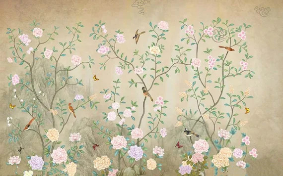 Fine Brush Work Chinoiserie Wallpaper Wall Mural, Beautiful Peony with Birds Chinoiserie Wall Mur... | Etsy (US)