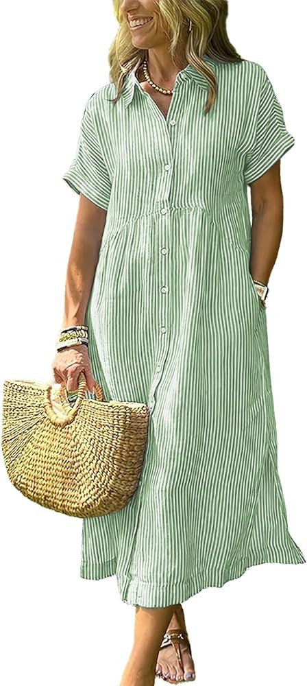 ebossy Women's Boho Striped Shirt Dress Button Up Side Slit Loose Mid Long Cotton Dress with Pock... | Amazon (US)