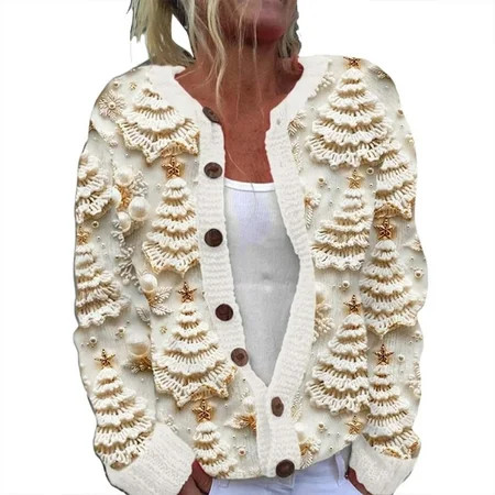 Lisingtool Clearance Christmas Sweater for Women Women s Casual Long Sleeve Crewneck Button Down Cute Santa Print Cardigan Sweater Cardigan Christmas Gifts for Women Beige | Walmart (US)