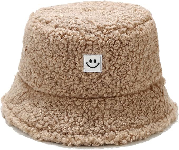 Winter Plush Fuzzy Bucket Hat Faux Fur Shearling Sherpa Fisherman Hats for Women (Smile Face Khak... | Amazon (US)