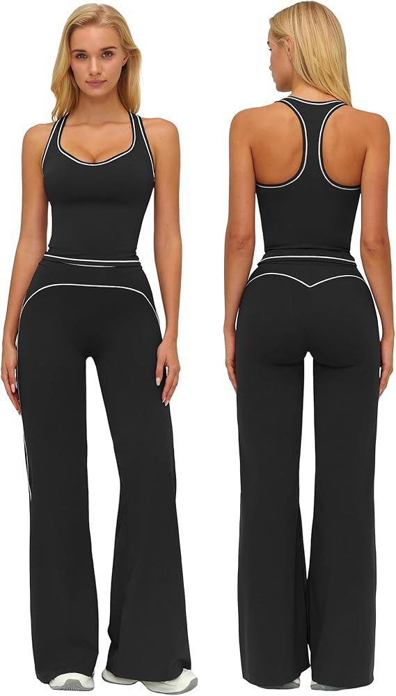 ABOCIW Two Piece Workout Sets for Women Racerback Tank Top Matching High Waist Wide Leg Yoga Pant... | Amazon (US)