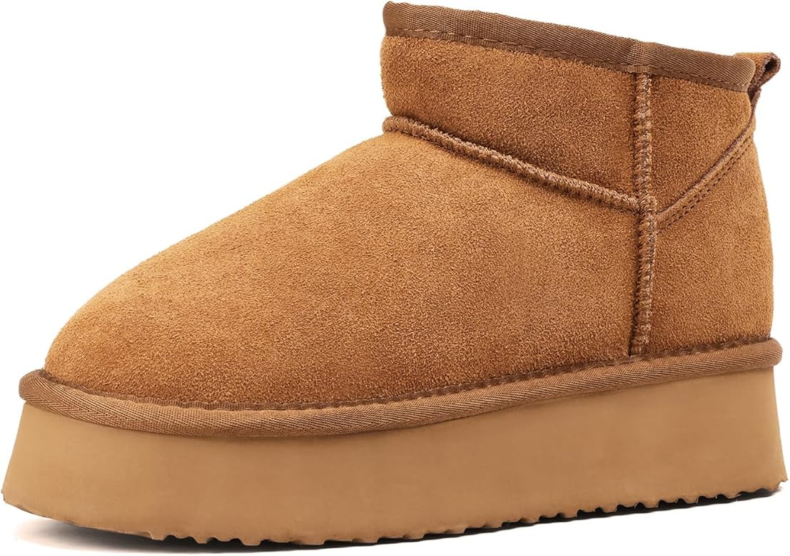Qinpos Platform Mini Boots for Women - Cozy Cow Suede Leather Pull On Ankle Boots with EVA Sole, ... | Amazon (CA)
