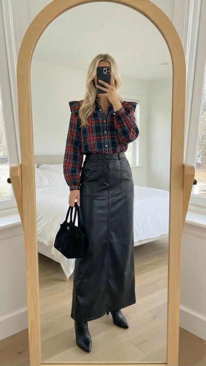 Love this holiday look this is such a great holiday plaid top. I love the detail to it, the ruffle kind of shoulder and then pair it with a leather skirt. You know what also would be really cute as pairing it with a satin skirt as well a black bag, you could do some fleece line tights to keep you warm, especially if you live somewhere super cold like I do some knee-high leather boots and then you could add a great trenchcoat to this or a leather jacket. I will have both options in the captions such a great cute holiday lookso fun also would be great for the Office as well.

#LTKSeasonal #LTKOver40 #LTKHoliday