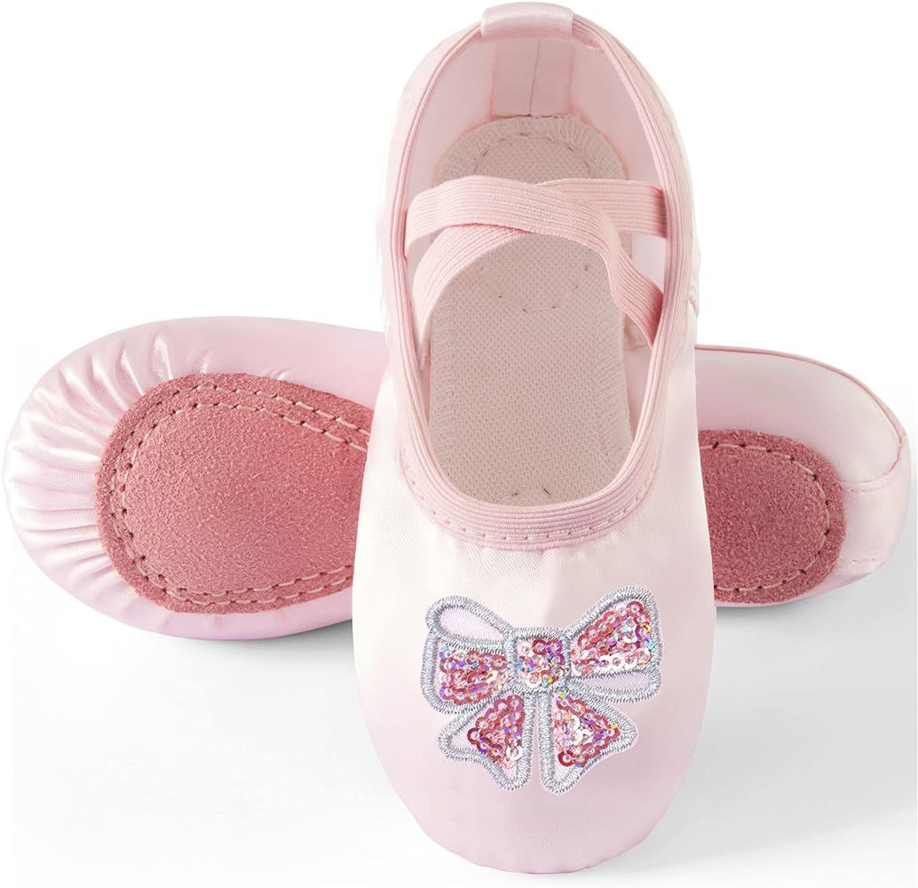 TRIPLE DEER Ballet Shoes for Girls, Satin Dance Practice Slippers Split Soft Leather Flat Sole Yo... | Amazon (US)