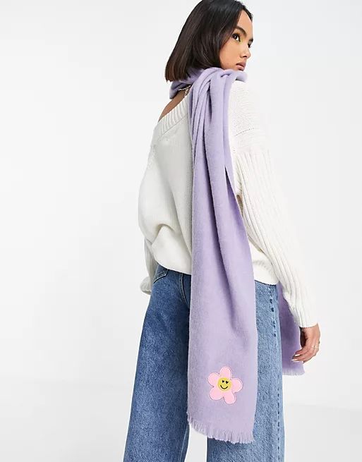 ASOS DESIGN supersoft long woven scarf with happy daisy embroidery in lilac - LILAC | ASOS (Global)