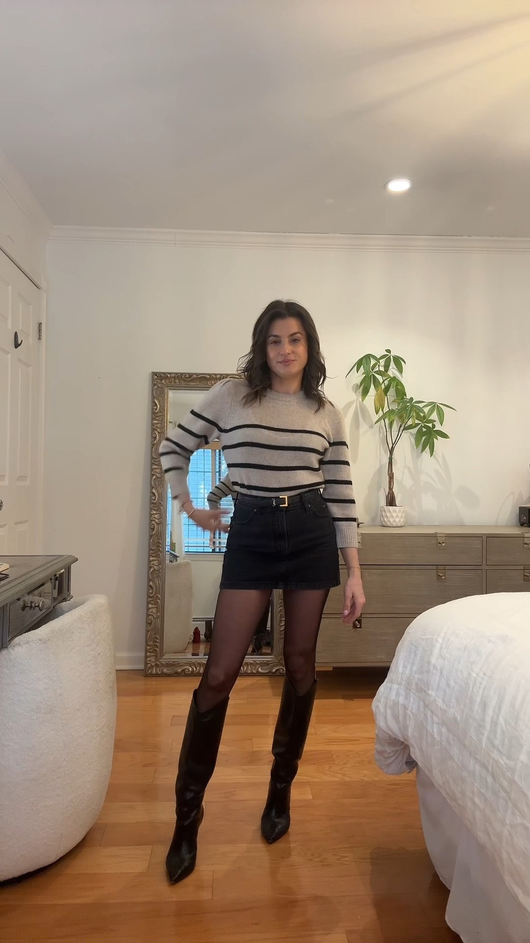 Cashmere striped sweater and denim black skirt with knee high boots winter outfit 