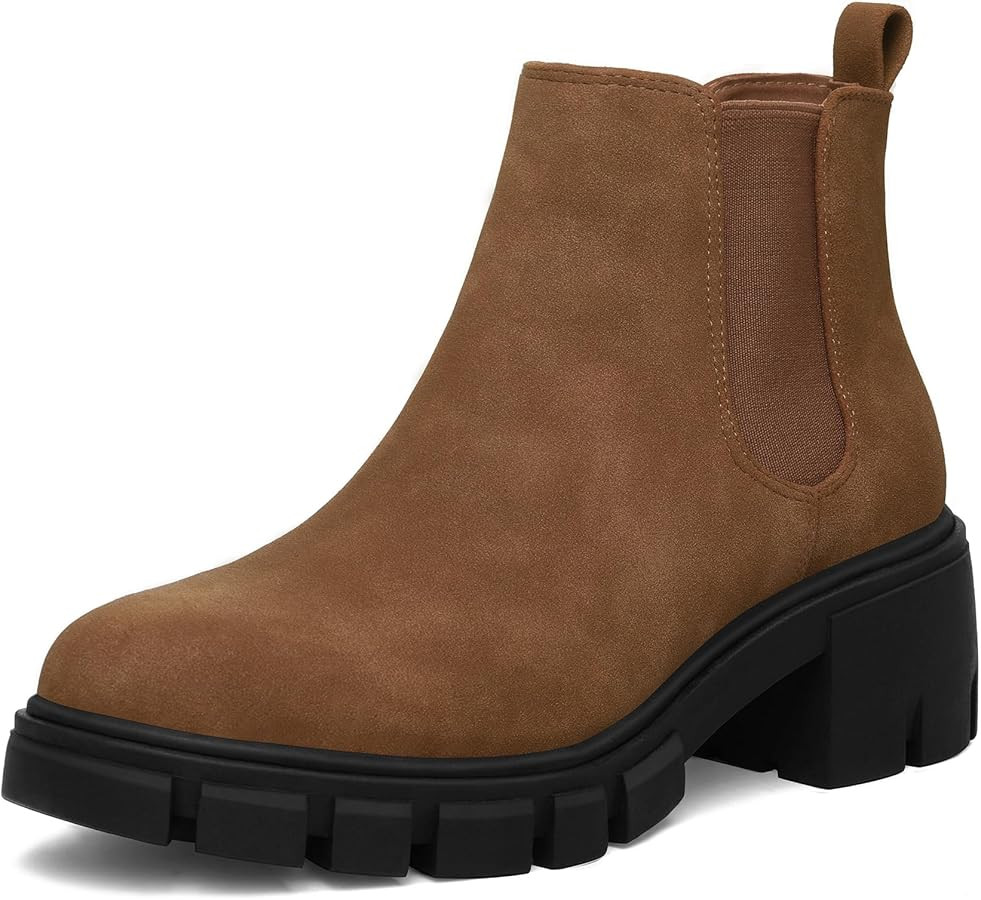 mysoft Women's Platform Chelsea Boots Lug Sole Slip On Chunky Block Heel Ankle Booties | Amazon (US)
