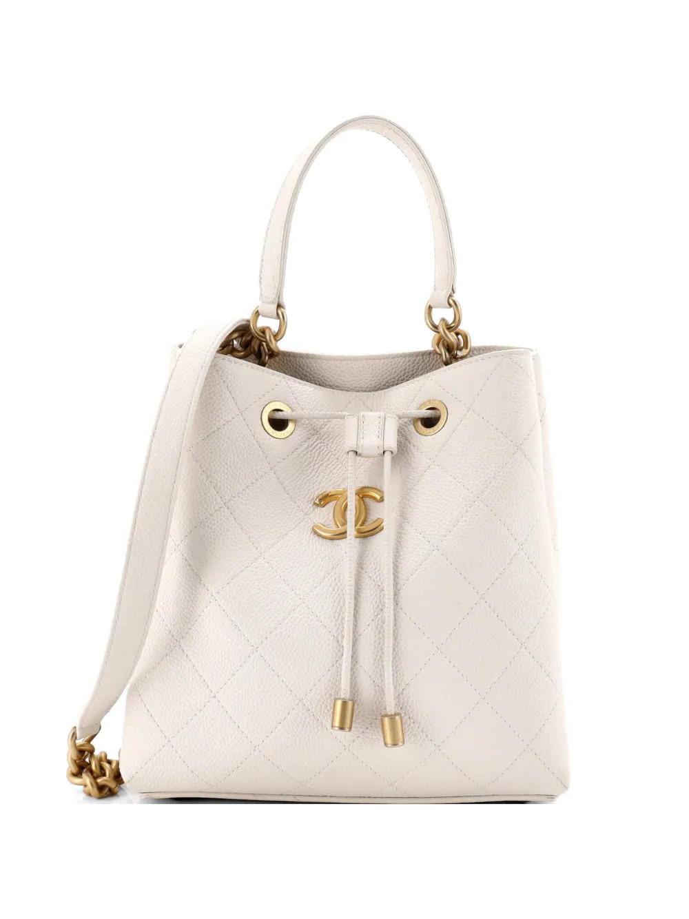 CHANEL Pre-Owned CC Top Handle Chain Drawstring Quilted Caviar Small bucket bag - Neutrals | Farfetch Global