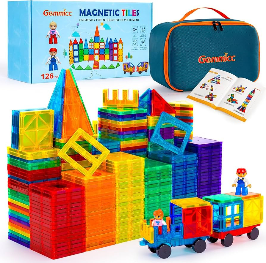 Gemmicc Magnetic Tiles, 126 PCS + Storage Case + 2 Figures, STEM Building Blocks Magnet Toys for ... | Amazon (US)