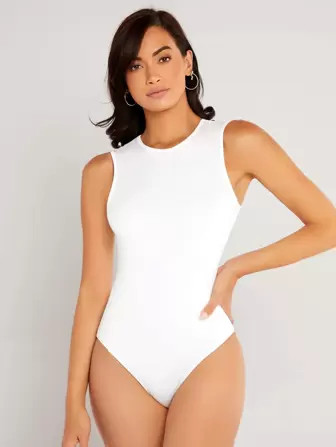 SHEIN BASICS Solid Round Neck Fitted Tank Bodysuit | SHEIN