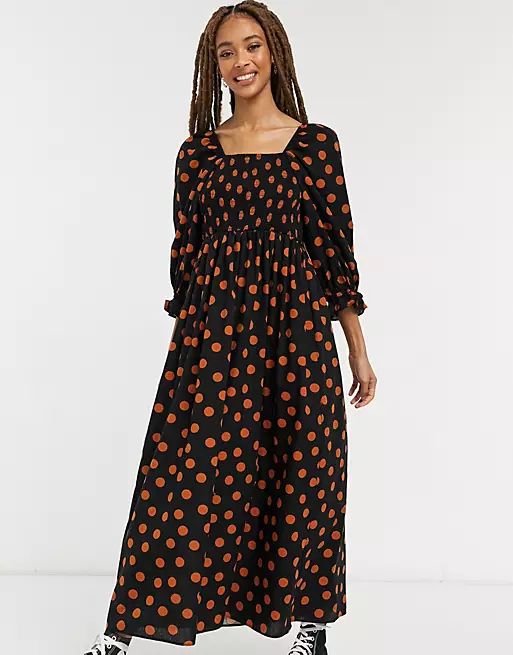 ASOS DESIGN shirred cotton maxi dress in polka dot | ASOS (Global)