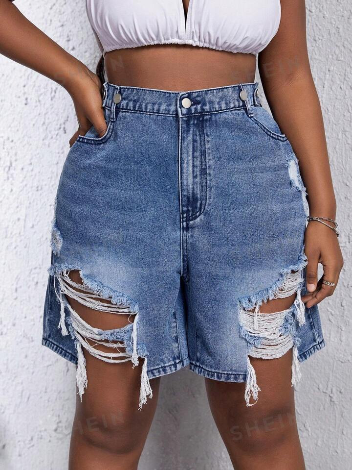 SHEIN SXY Plus Ripped Raw Hem Denim Shorts | SHEIN
