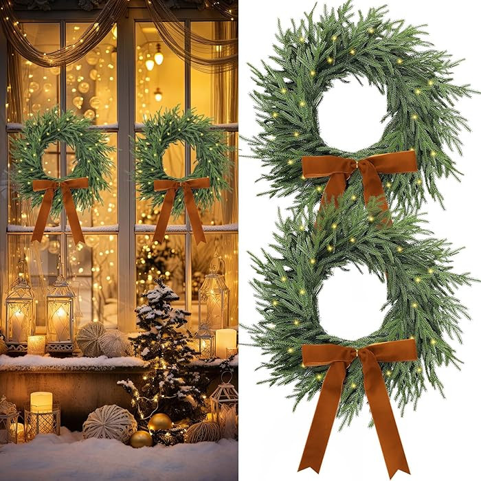 2 Pcs Light Up Christmas Norfolk Pine Wreaths with Bow 20 Inch Lighted Real Touch Xmas Wreaths LE... | Amazon (US)