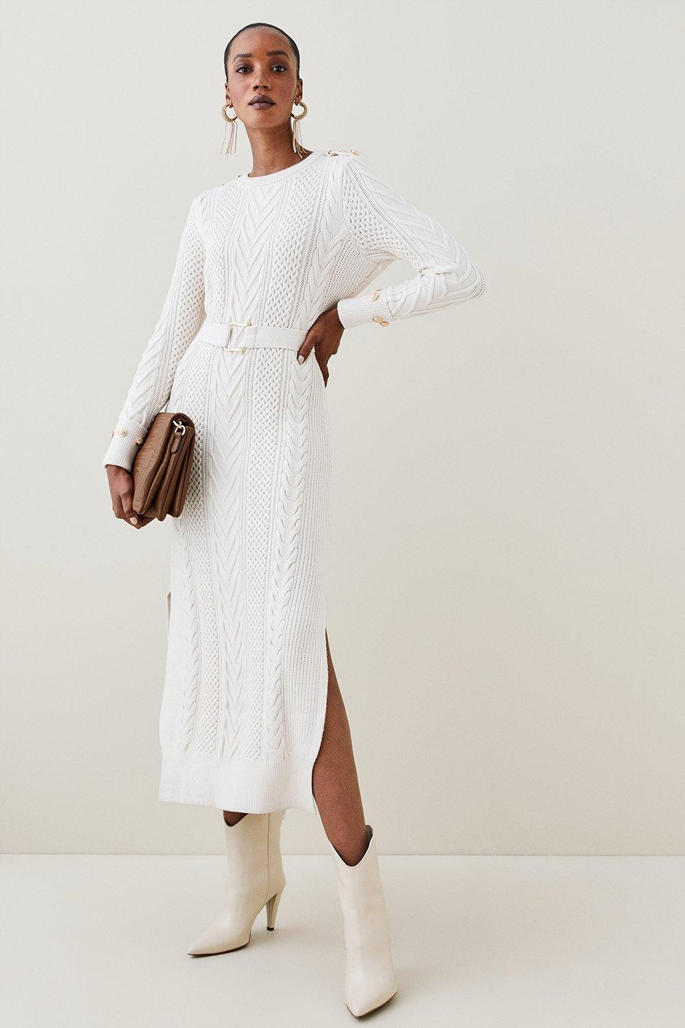 Military Cable Knit Column Midi Dress | Karen Millen UK + IE + DE + NL