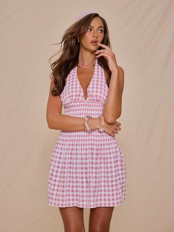 MUSERA Halterneck Plunge Shirred Bodice Gingham Mini Dress Spring Summer Vacation Cute Elegant | SHEIN