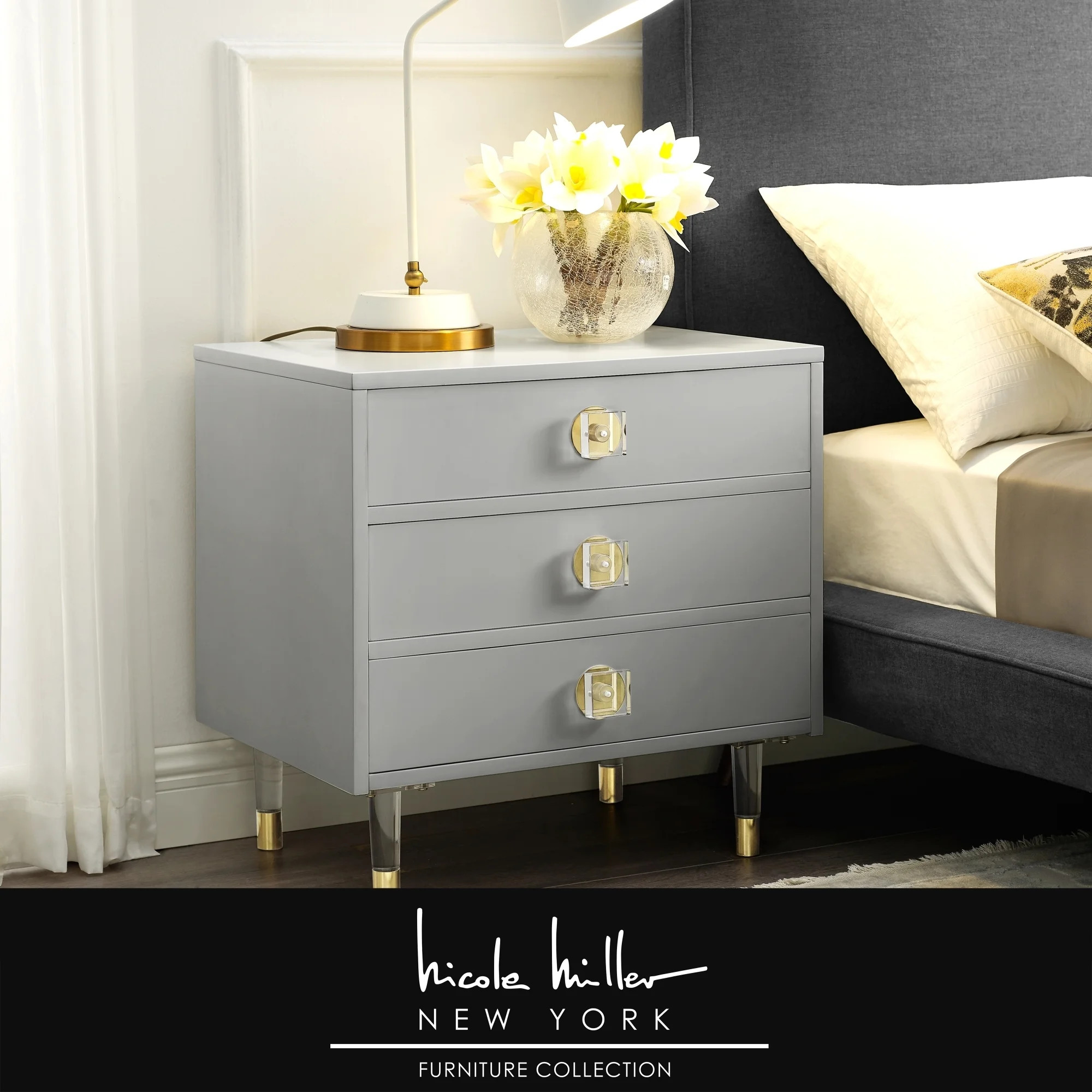 Nicole Miller Marell Nightstand - 3 Drawers |  High Gloss | Acrylic Knob and Leg | Modern Contemp... | Walmart (US)