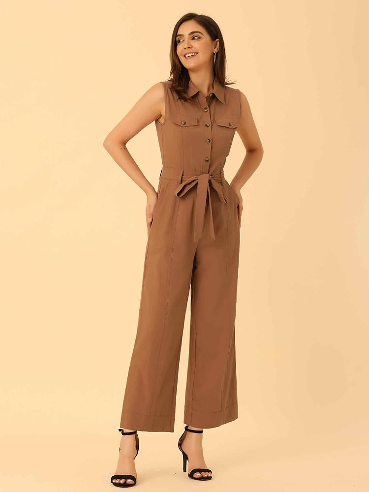 Allegra K Women's Wide Leg Jumpsuit 2026 Sleeveless Collared Tie Waist Coverall Button Down Cargo... | Amazon (US)