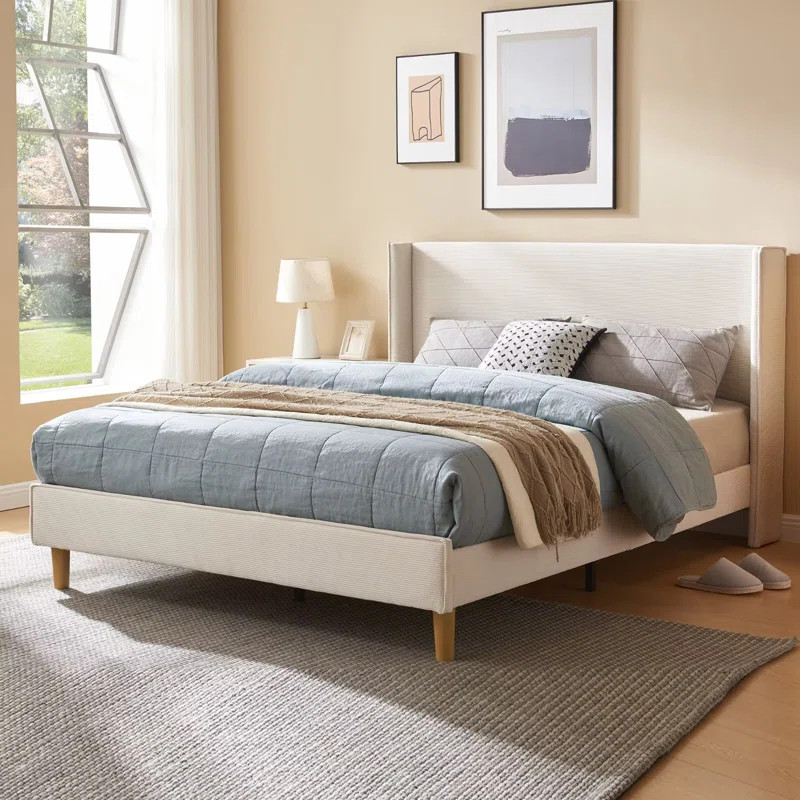 Ebern Designs Luxury Corduroy Upholstered Bed - Modern Wingback Design,No Box Spring Needed, Nois... | Wayfair North America