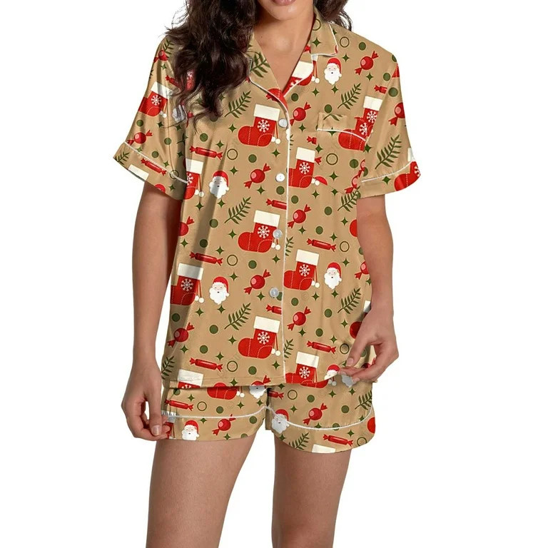 Christmas Brown Pajamas for Women Set Women Pajamas Graphic Printed Silk Satin Cute Sleepwear But... | Walmart (US)