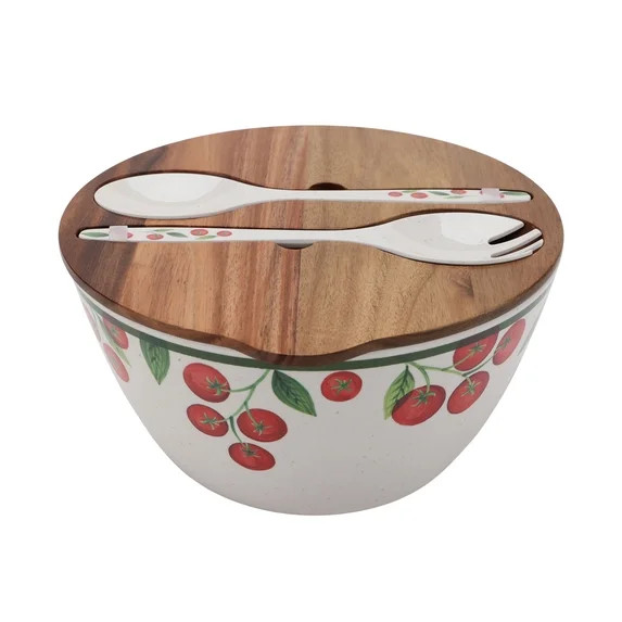 Better Homes and Gardens Bamboo Melamine Tomato Salad Bowl with Acacia Wood Lid and Utensil Set | Walmart (US)