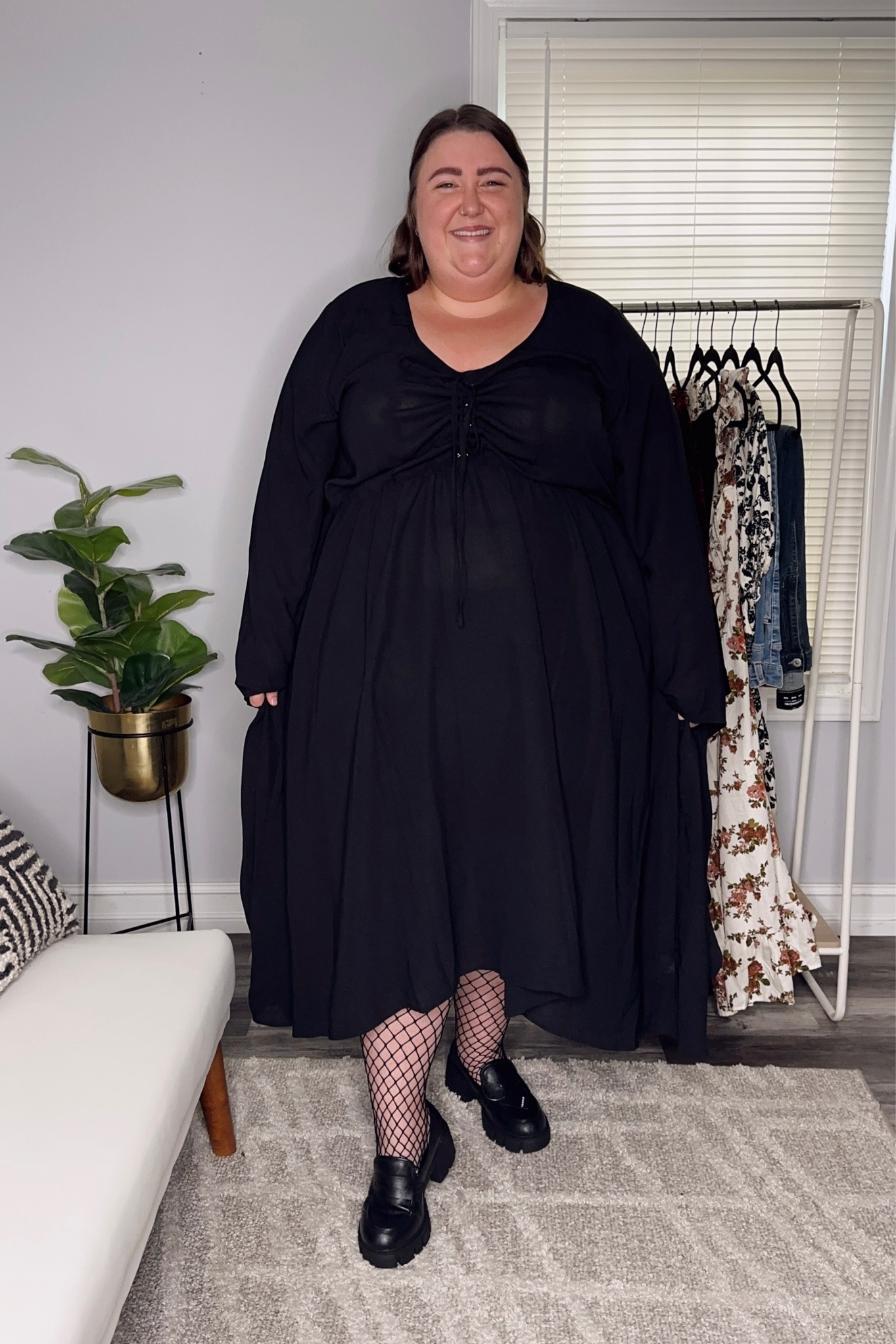 Day 1/5 of Plus Size Halloween Looks! Fishnet Tights from Torrid in a size 5/6, Halloween Bell Sleeve Pocket Ties High Low Hem Dress in a size 28/5X from Bloomchic (runs generous - size down), and Wide Width Chunky Loafers from Torrid

#LTKplussize #LTKSeasonal #LTKHalloween