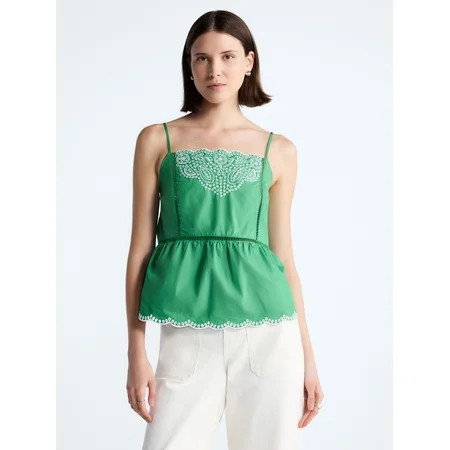 Free Assembly Women s Embroidered Cotton Tank Top with Peplum Hem Sizes XS-XXL | Walmart (US)