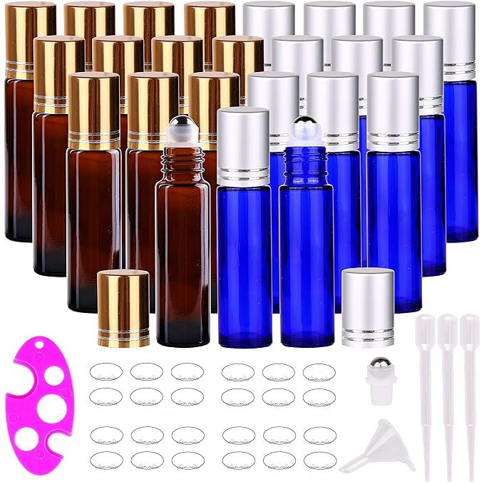 24 Pack (12 Amber+12 Cobalt Blue) Roller Bottles,10ml Thick Glass Roll on Bottle with Big Steel B... | Amazon (US)