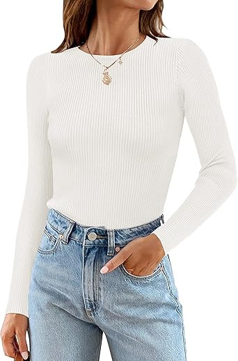 ZESICA Women's Long Sleeve Crewneck T Shirts 2023 Fall Ribbed Knit Slim Fitted Casual Solid Color... | Amazon (US)