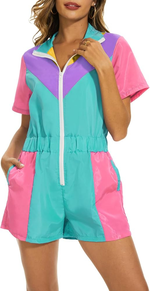 Yisfri Color Block One Piece Windbreaker Outfits for Women Neon Short Sleeve Zip Front Elastic Wa... | Amazon (US)