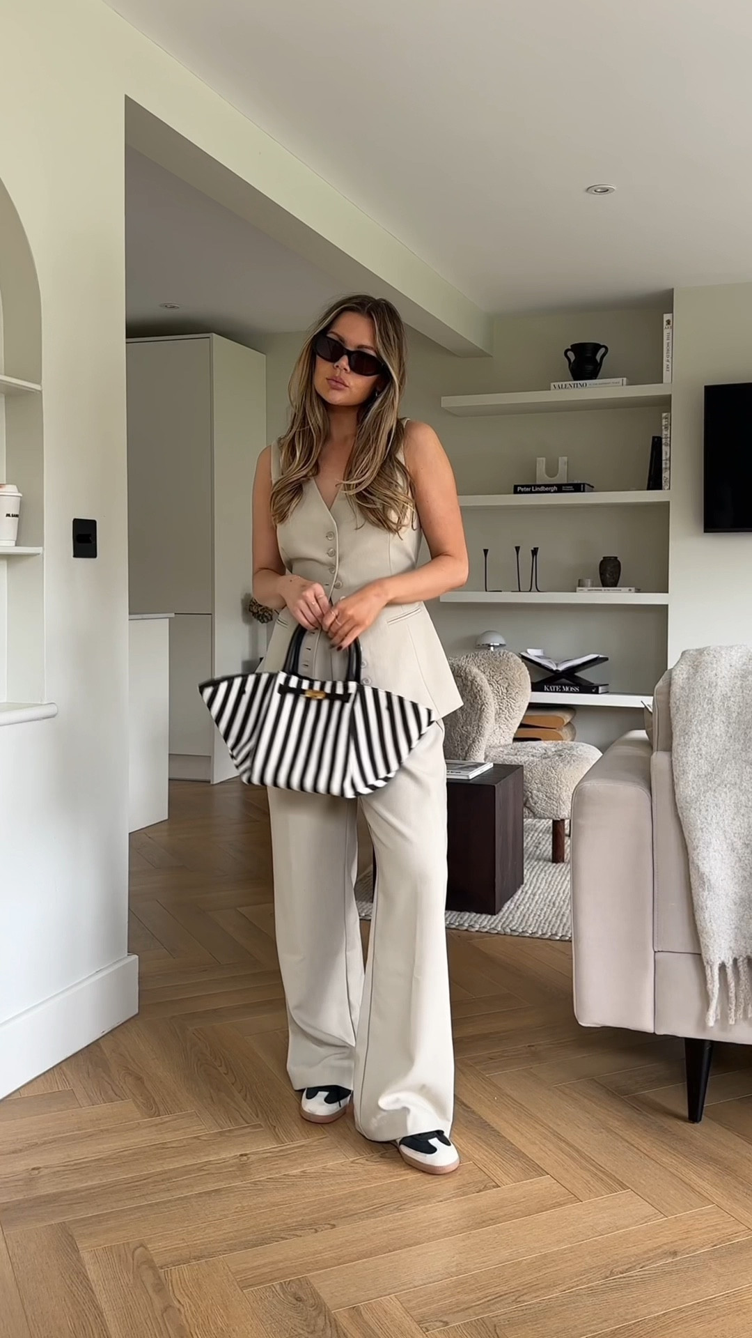 Waistcoat suit, spring suit, beige suit, stripe bag, capsule wardrobe, transitional outfit. Spring look. Spring outfit. Minimal style. Chic style 

#LTKstyletip #LTKfindsunder50 #LTKfindsunder100