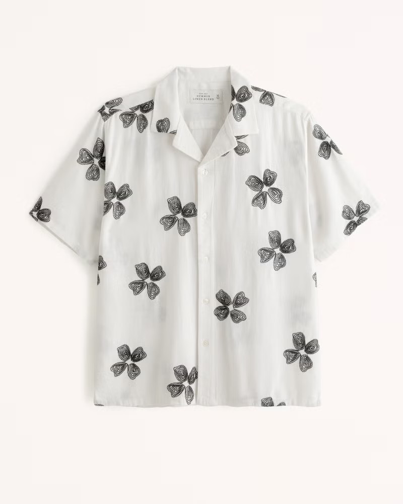 Camp Collar Summer Linen-Blend Embroidered Shirt | Abercrombie & Fitch (US)