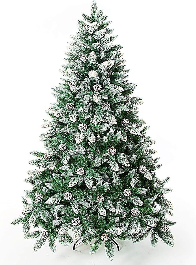 Artificial Christmas Tree 5/6/7/7.5 Foot Flocked Snow Trees with Pine Cone Decoration Unlit | Amazon (US)