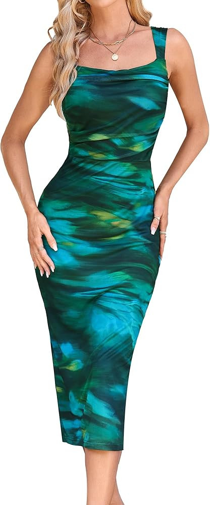 GRACE KARIN Mesh Dress for Women Tie Dye Bodycon Midi Stetchy Wedding Square Neck Party Cocktail | Amazon (US)