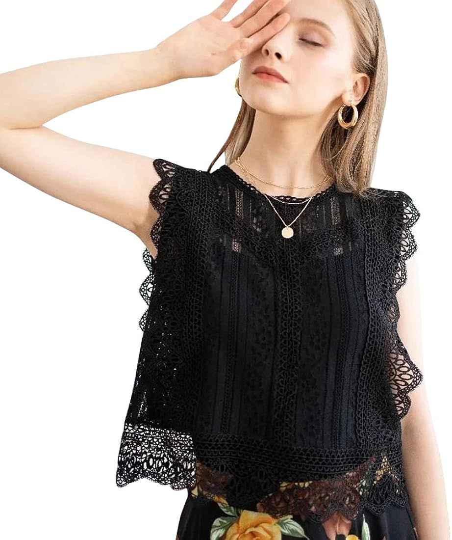 CHICWISH Women's White/Black Diva Full Lace Crochet Round Neck Sleeveless Crop Top | Amazon (US)