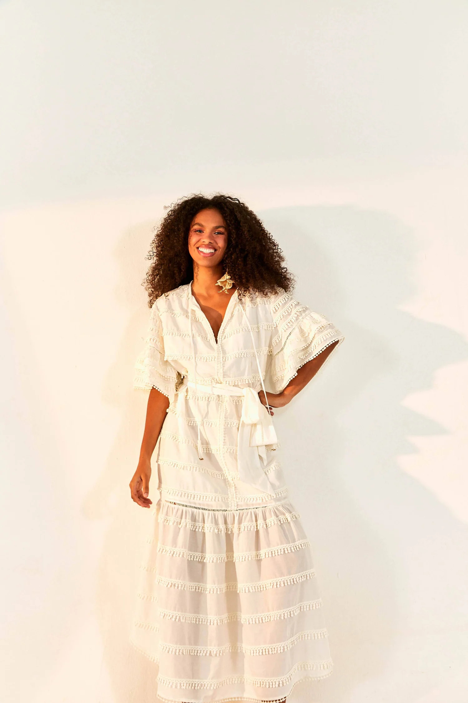 Off-White Embroidered Trim Midi Dress | FarmRio (US)