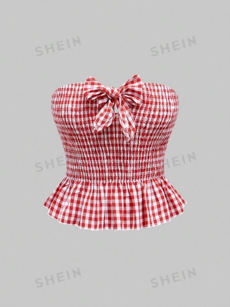 ROMWE Kawaii Women Plaid Print Bowknot Decor Bandeau Top | SHEIN