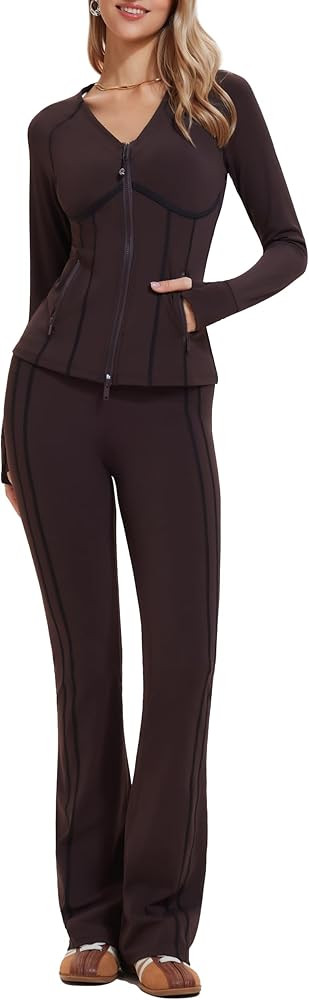Mudere Womens 2 Piece Workout Set with Zip Up Long Sleeve Jacket High Waisted Flare Leggings Yoga... | Amazon (US)