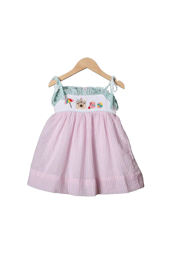 Smocked Beachy Beachy Pink Seersucker Dress | The Smocked Flamingo