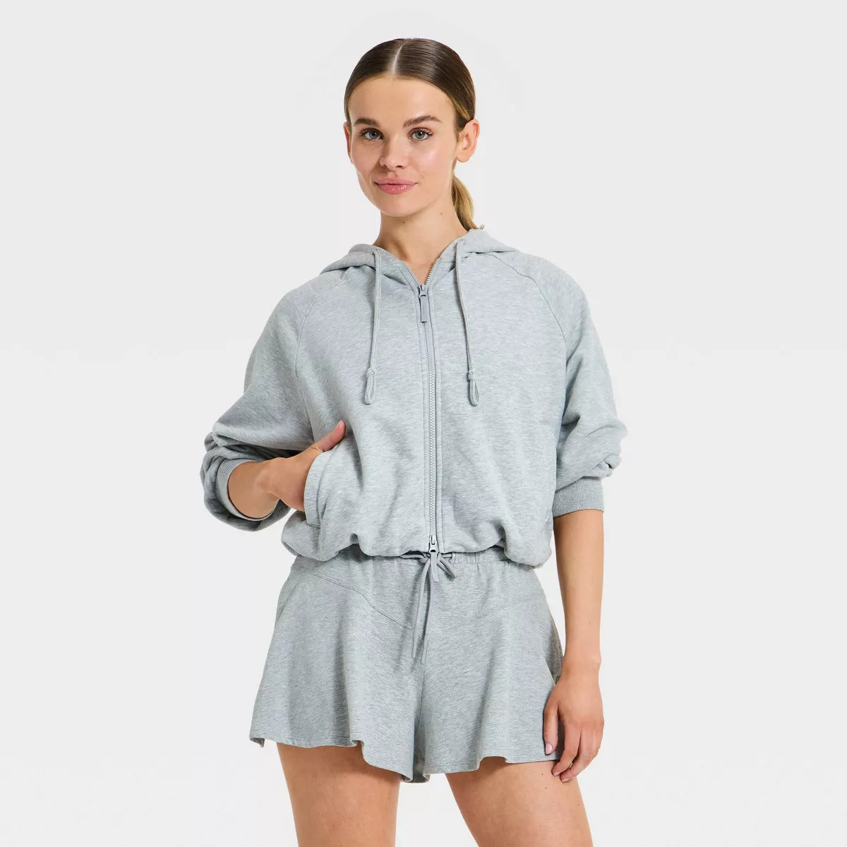 Women's Cropped Bubble Hem Full Zip Sweatshirt - JoyLab™ Heather Gray XL | Target