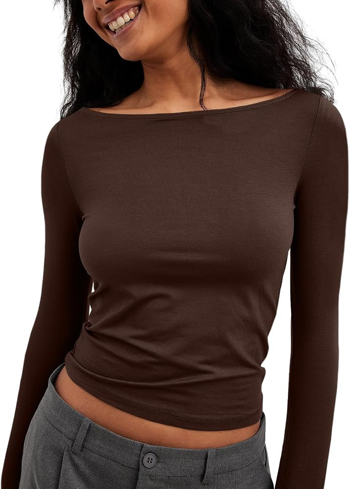 Tankaneo Womens Long Sleeve Shirts Basic Going Out Crop Tops Slim Fit Boat Neck Y2K T Shirts | Amazon (US)
