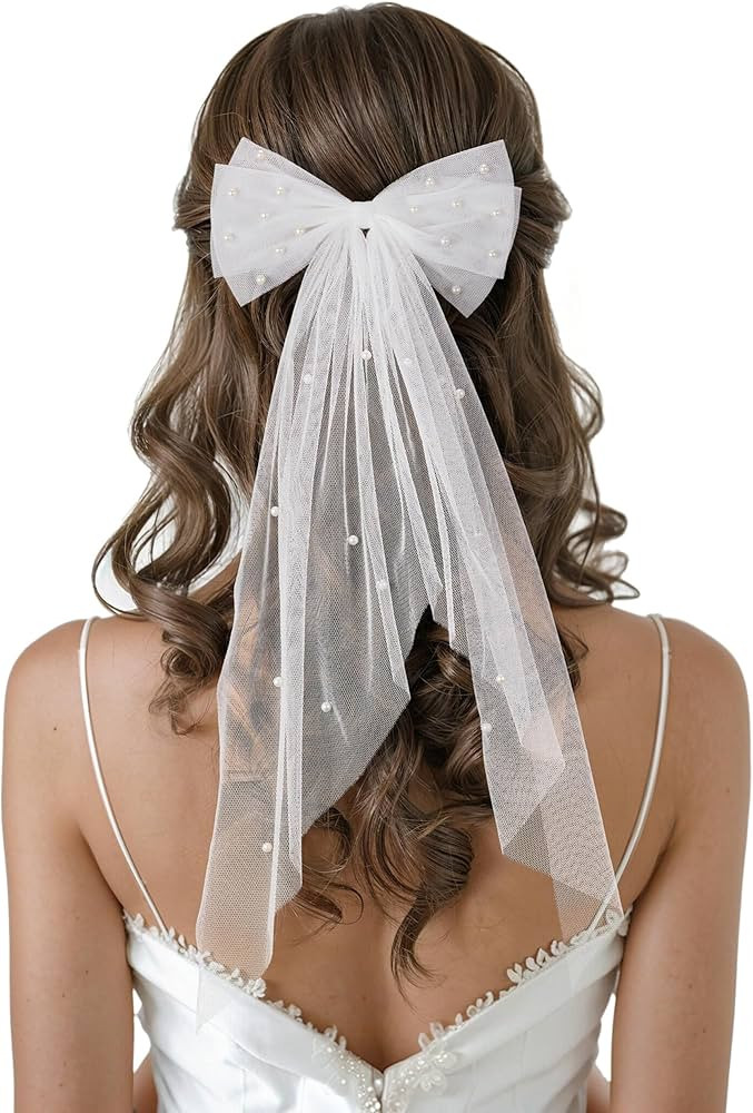 SWEETV Bridal Hair Bow Veil White Bow Clip Bachelorette Party Decorations Pearl Accessories Bride... | Amazon (US)