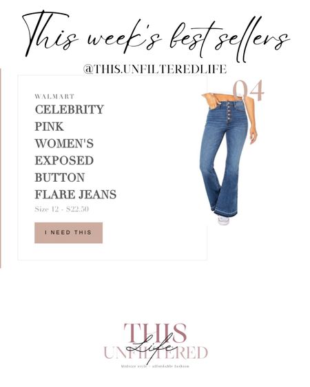 This week’s best sellers: celebrity pink, women’s exposed button flare jeans from Walmart size 12 

#LTKcurves #LTKstyletip #LTKSeasonal