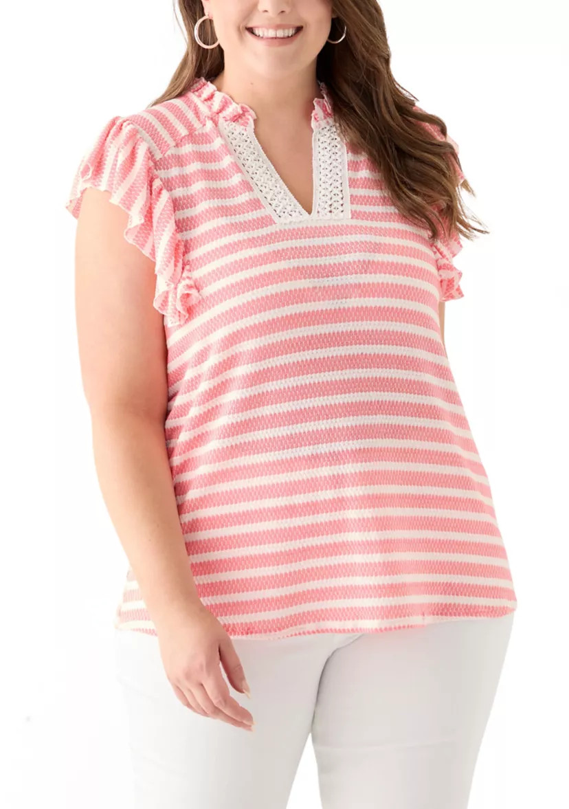 Plus Size Flutter Sleeve Stripe Knit Gauze Top | Belk