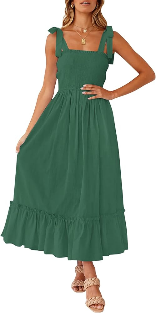 ZESICA Women's 2024 Summer Boho Spaghetti Strap Square Neck Solid Color Ruffle A Line Beach Long ... | Amazon (US)